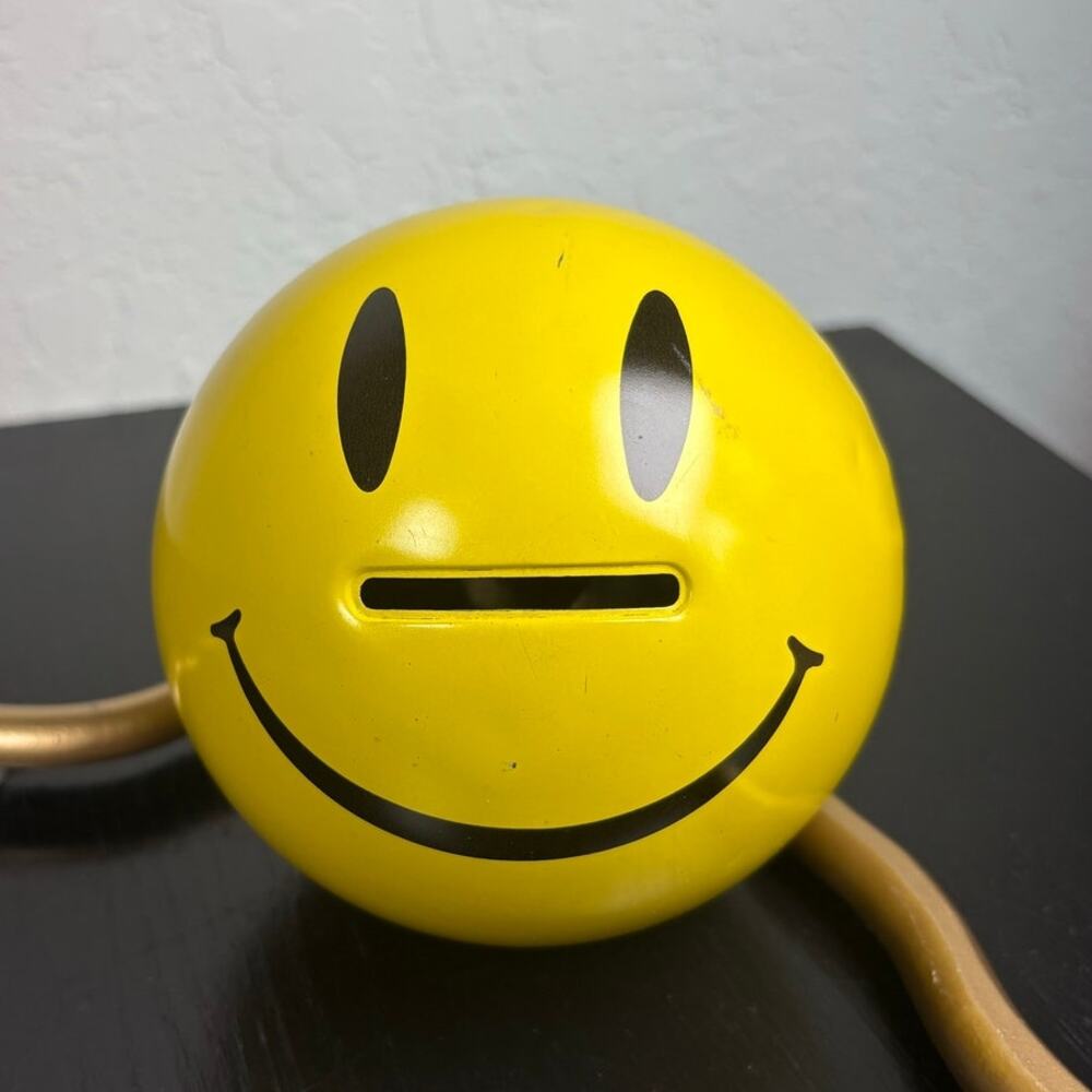 Vtg Decorative Tin Ball Piggy Coin Bank- Yellow Smiley Face- Nobel Ball- Quirky